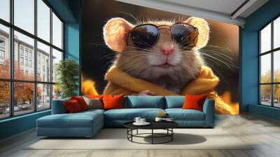 A cute mouse wearing sunglasses and a yellow scarf. Wall mural