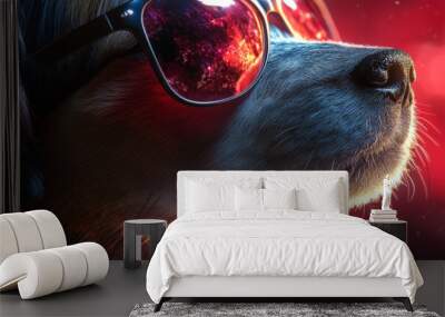 A dog wearing sunglasses looks up into the bright red sky. Wall mural