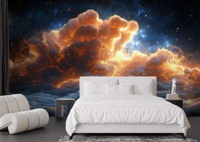 A dramatic night sky with a glowing cloud formation and stars. Wall mural