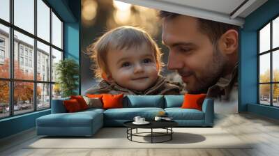 A father in military uniform looks lovingly at his young son. Wall mural