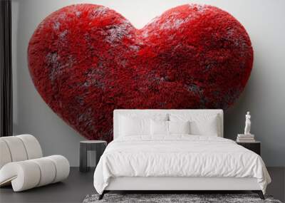 A fluffy red heart sits on a plain white background. Wall mural