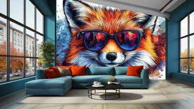 A fox wearing sunglasses with a mountain and sunset reflection in the lenses. Wall mural