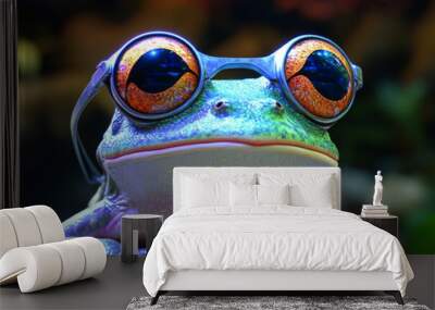 A frog wearing round glasses looks directly at the camera. Wall mural