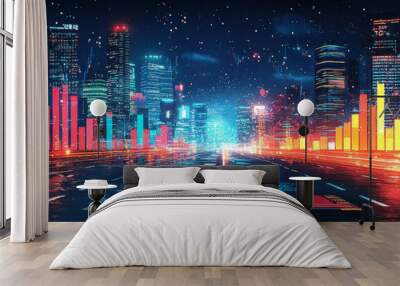 A futuristic city skyline at night with glowing bars and data. Wall mural