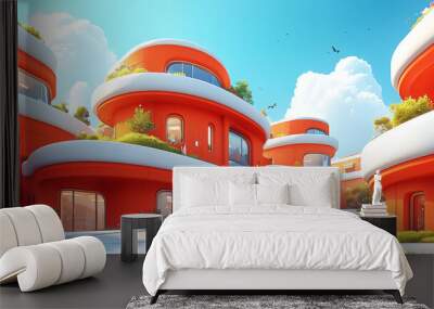 A futuristic neighborhood with bright orange buildings, lush green foliage, and white accents. The buildings are shaped in a unique and modern style. The sky is bright blue with fluffy white clouds. Wall mural