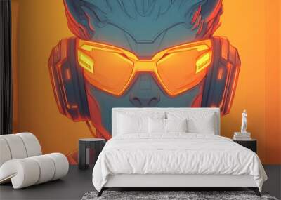 A futuristic portrait of a young man with glowing orange glasses and headphones. Wall mural