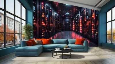 A futuristic server room with glowing lights. Wall mural