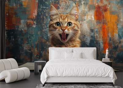 A ginger cat with bright green eyes sits at a table and stares at the camera with its mouth open wide. Wall mural