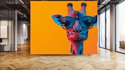 A giraffe wearing sunglasses, looking cool against a bright orange background. Wall mural