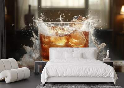 A glass of whiskey with ice cubes splashing and making a big mess. Wall mural