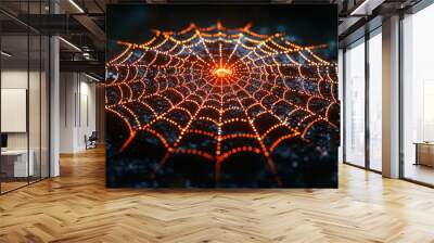 A glowing spiderweb with orange light, illuminated in the darkness. Wall mural