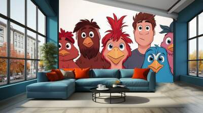 A group of cartoon birds and a young man. Wall mural