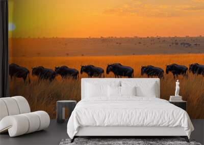 A herd of wildebeest walk across the savanna at sunset. Wall mural