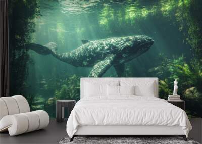 A humpback whale swims through a lush underwater forest. Wall mural