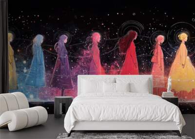 A line of women in colorful dresses walk through a magical galaxy. Wall mural