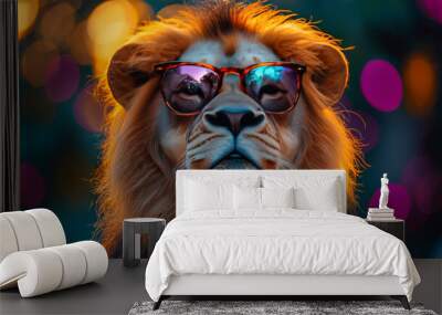 A lion wearing sunglasses, looking cool and confident. Wall mural