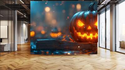 A lit jack-o'-lantern with an evil grin sits on a log in a dark forest. Wall mural