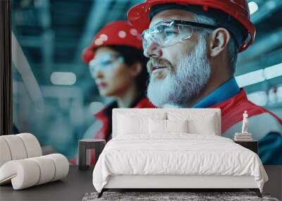 A man and woman in red hard hats and safety glasses are working together. Wall mural