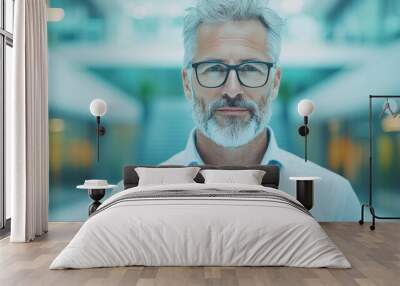 A middle-aged man with gray hair and a beard looks at his phone. Wall mural