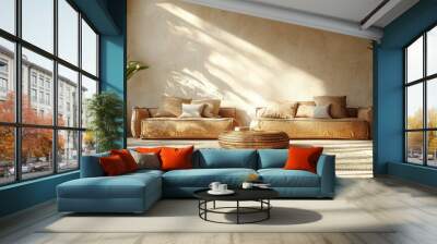 A minimalist living room with two sofas and a coffee table. Wall mural