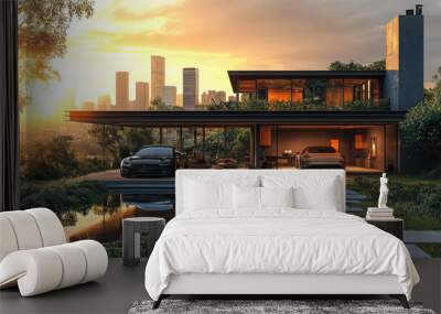 A modern home with a sleek design, two cars in the garage, a pool, and a beautiful sunset in the background. Wall mural