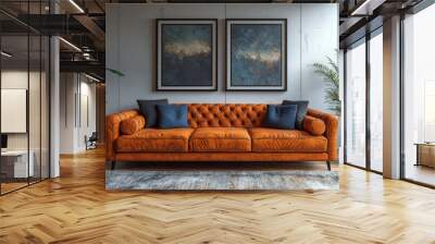 A modern living room with a brown leather sofa, two abstract paintings, and a large window. Wall mural