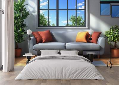 A modern living room with a gray couch and colorful throw pillows. Wall mural