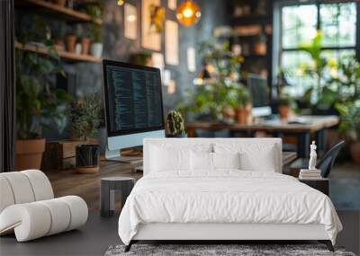 A modern office workspace with a computer displaying code and potted plants. Wall mural