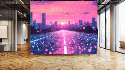 A neon road leads to a futuristic cityscape under a pink sky. Wall mural