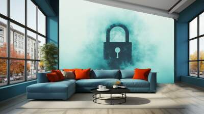 A padlock  floating in a sea of blue clouds. Wall mural