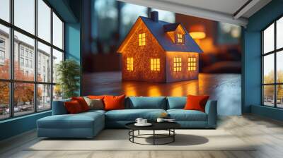 A paper house sits on a table, glowing with warmth. Wall mural