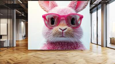 A pink bunny rabbit with pink glasses looks directly at the camera. Wall mural