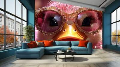 A pink duck with bedazzled sunglasses in a pool of water with blurred bokeh background. Wall mural