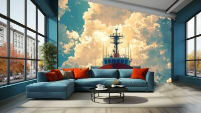 A red ship sails through a sea of clouds. Wall mural