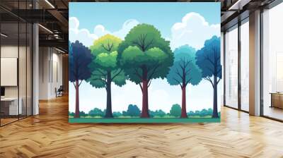 A row of trees with different colored foliage, against a blue sky. Wall mural