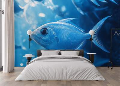 A school of silver fish swims through a deep blue ocean, sunlight filtering down from above. Wall mural