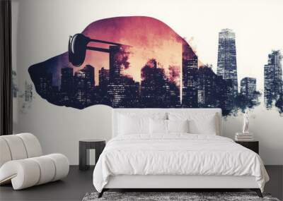 A silhouette of a dog's head with sunglasses, overlaid with an urban cityscape. Wall mural