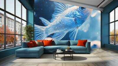 A single blue fish with iridescent scales swims towards the camera with other fish blurred in the background. Wall mural