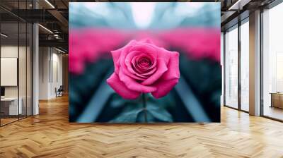 A single pink rose stands out in a field of blooms. Wall mural