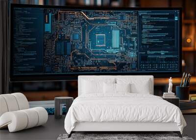 A sleek desktop monitor displaying code and a motherboard on a wooden desk. Wall mural