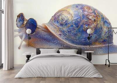 A snail with blue sunglasses and a colorful shell. Wall mural