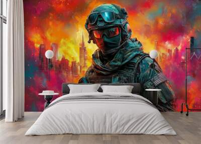 A soldier in camouflage stands in front of a burning city. Wall mural