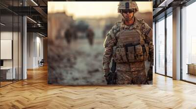 A soldier in full combat gear stands alert in a war-torn landscape. Wall mural