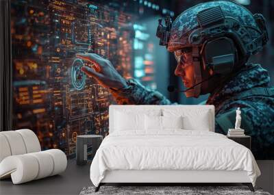 A soldier wearing a helmet and camouflage uniform interacts with a digital display. Wall mural