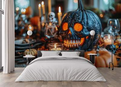 A spooky Halloween tablescape with a black skull pumpkin. Wall mural