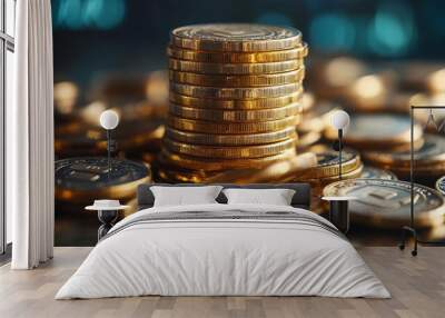 A stack of gold coins against a blurred background. Wall mural