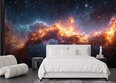 A stunning view of a nebula in space, with swirling orange and blue clouds of gas and dust. Wall mural