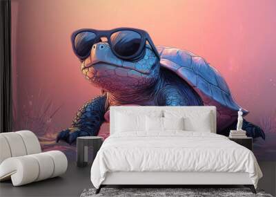 A turtle wearing sunglasses looks cool in a sunset setting. Wall mural