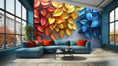 A vibrant abstract illustration featuring three colors of leaves - red, yellow, and blue. Wall mural