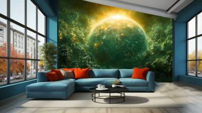 A vibrant green planet surrounded by swirling clouds, glowing with an ethereal light. Wall mural